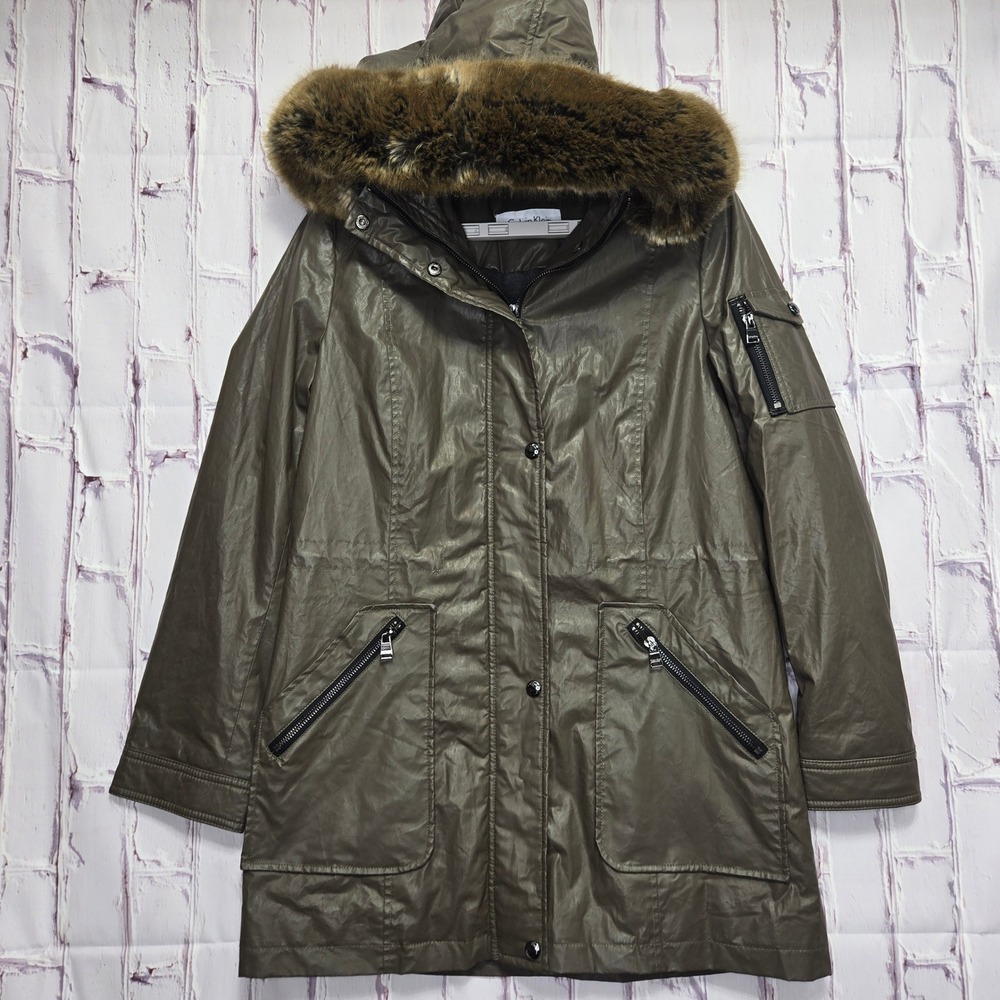 Calvin Klein Women's Olive Green‎ Brown Faux Fur Hood Parka Jacket Size S